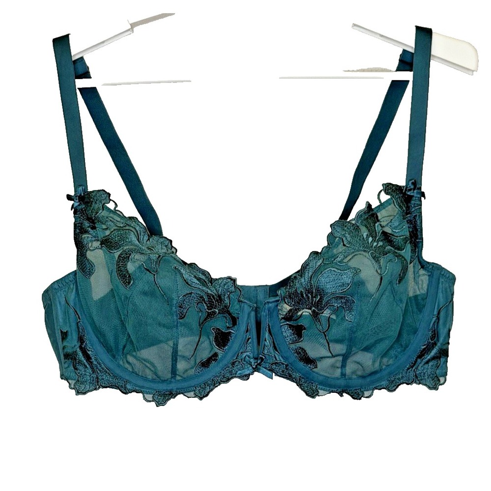Cacique Unlined Balconette Bra Size 42C Green Lace Underwire Adjustable Strap
